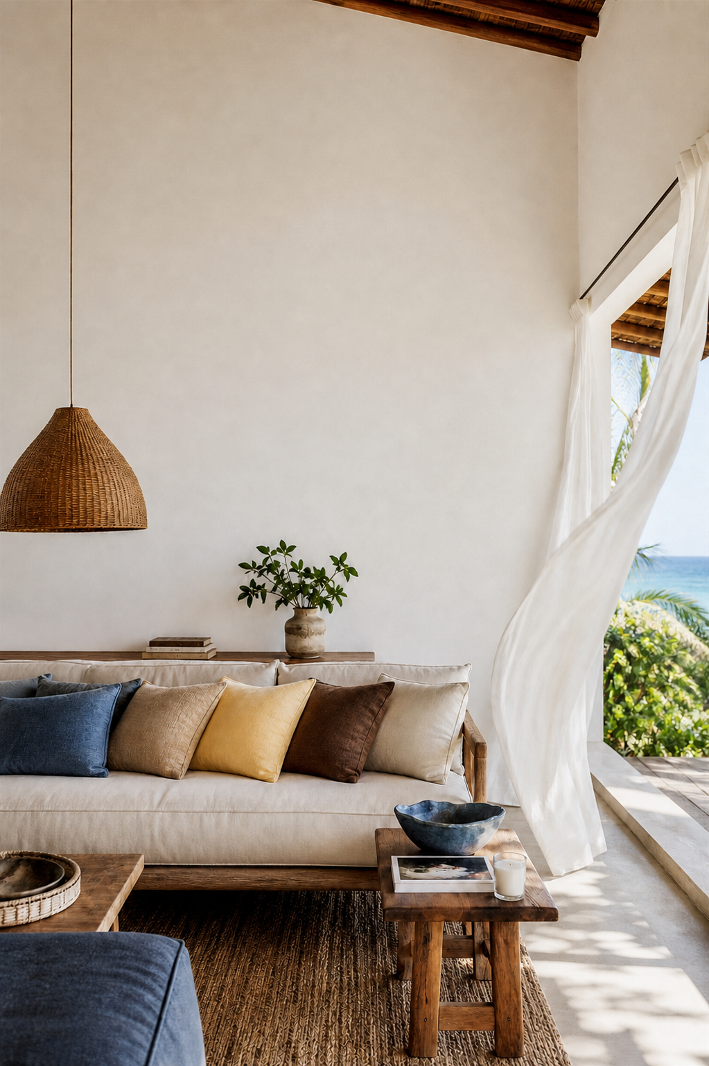 Sala luminosa com madeira, fibras naturais e vista para o litoral