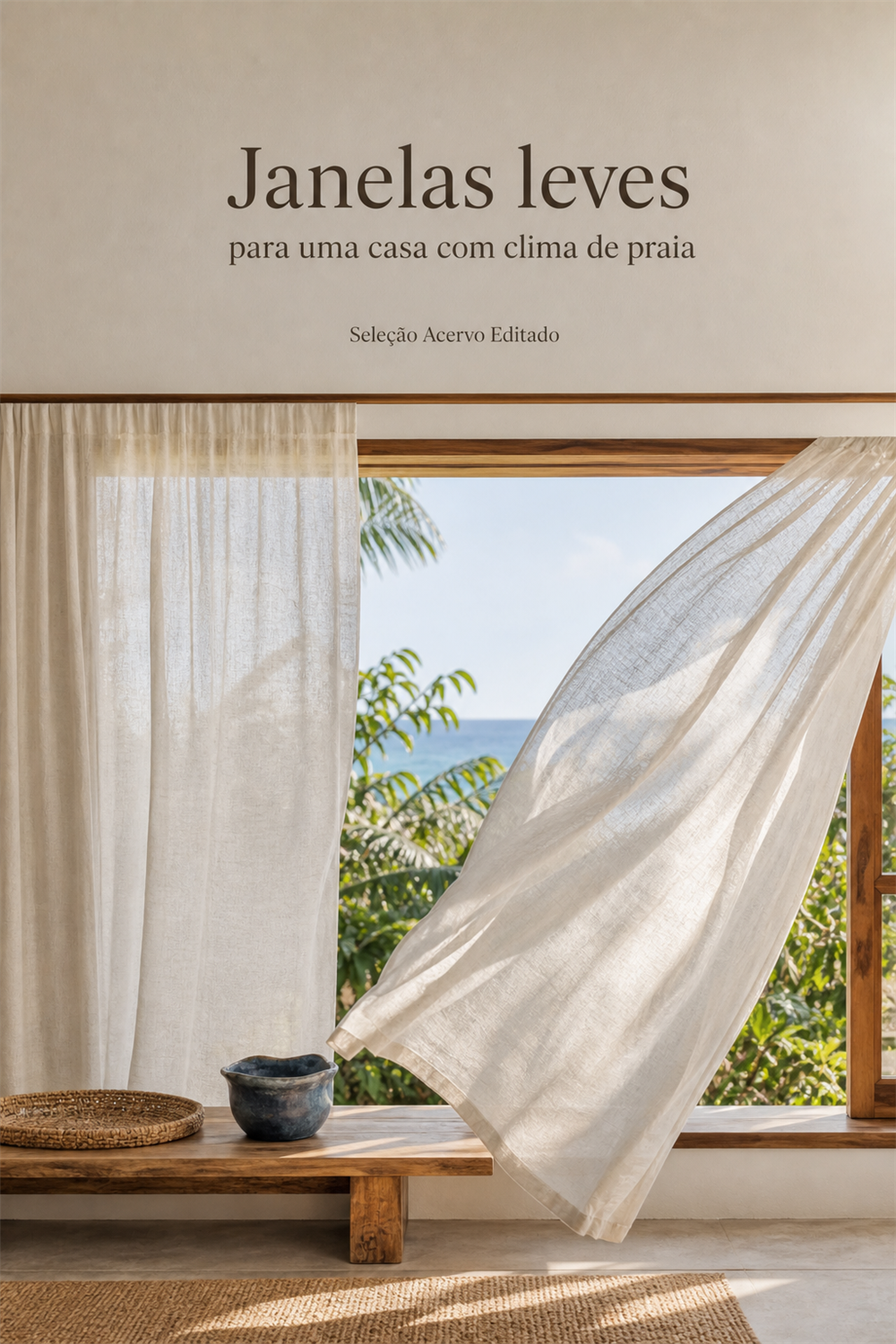 Cortinas claras e leves em uma janela aberta para o litoral