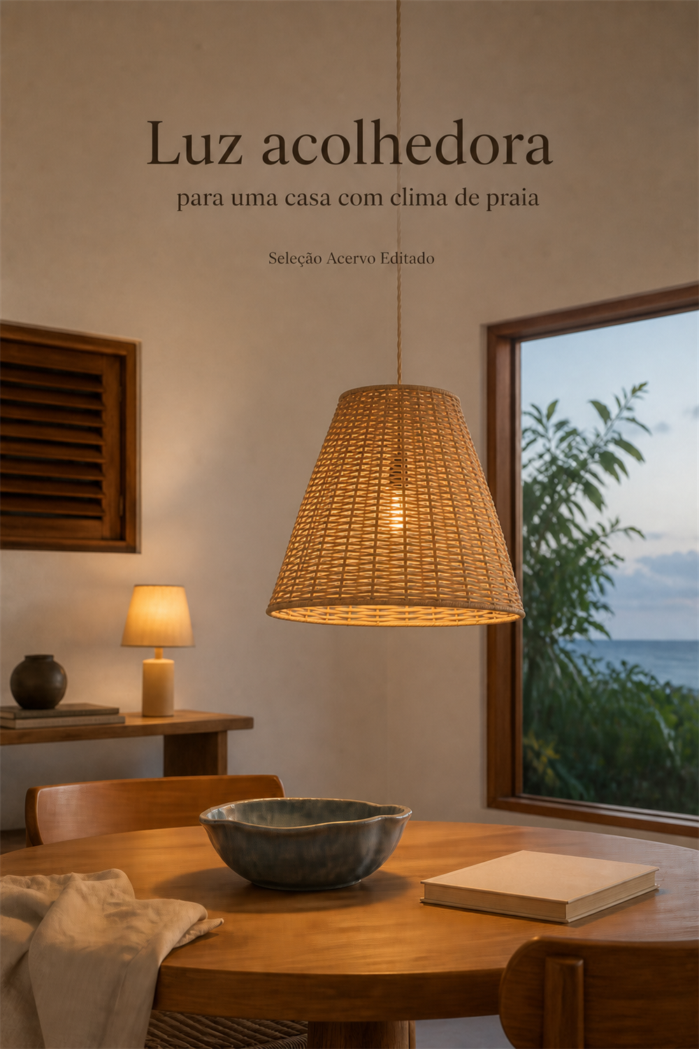 Pendente de fibra natural iluminando uma mesa de madeira